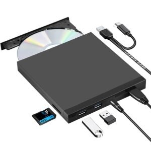 External CD DVD Drive Burner USB 3.0 Type-C with Extra USB Ports and SD Reader, Portable DVD/CD ROM +/-RW Optical Disc Drive Player for Mac & Windows 11/10/8/7 Laptop Desktop PC